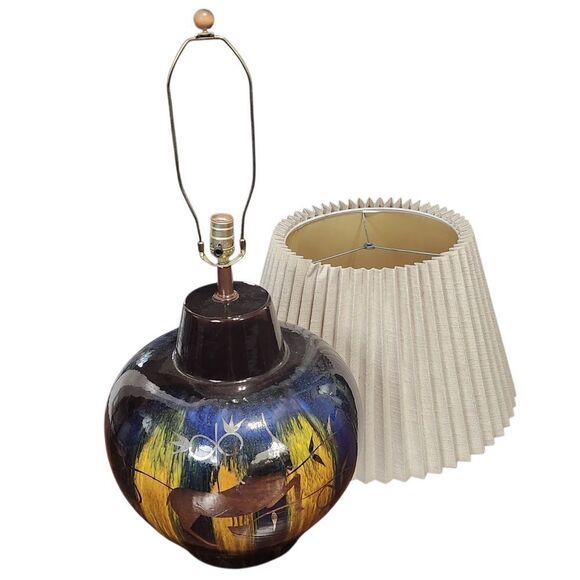 Vintage Mid Century Modern Table Lamp Gazelle Ram Drip Glaze Pottery Pleat Shade - Picture 1 of 14